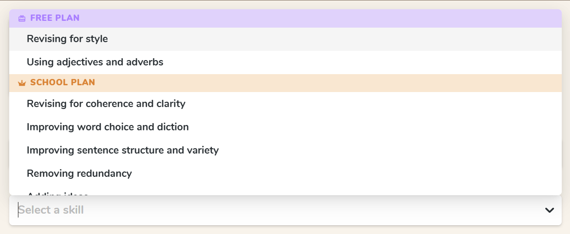 Activity skill picker showing Free Plan and School Plan sections